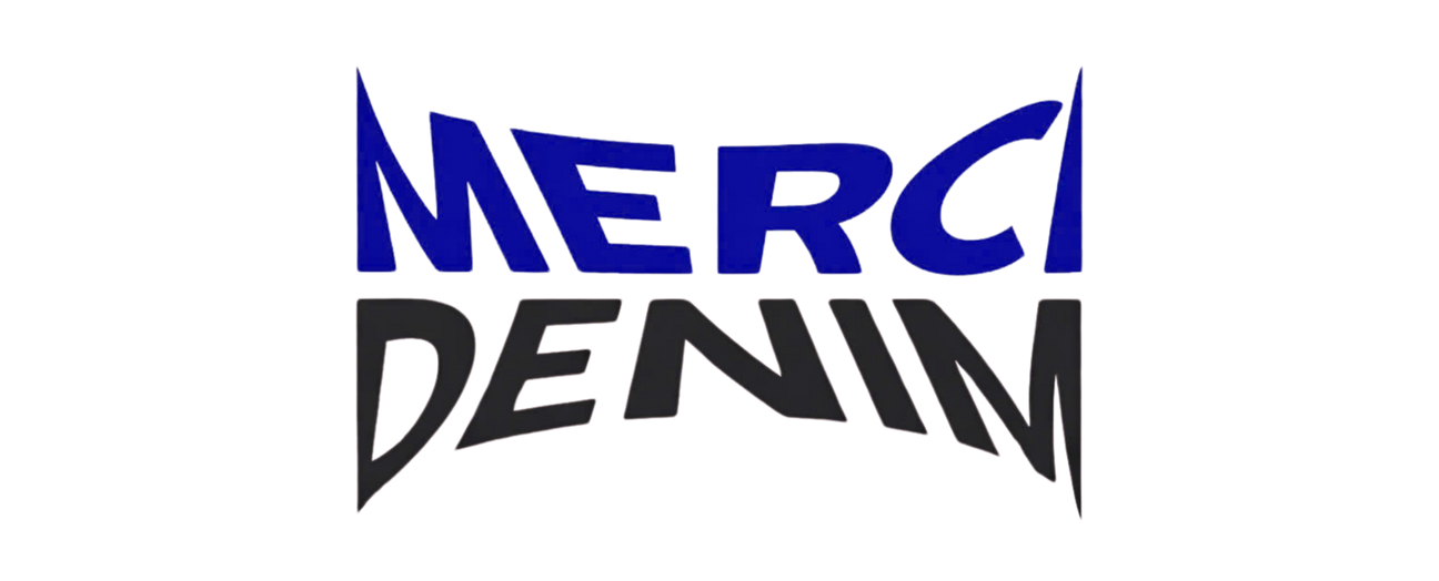 Logo of Merci Denim with blue and black text on a white background