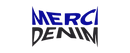 Logo of Merci Denim with blue and black text on a white background